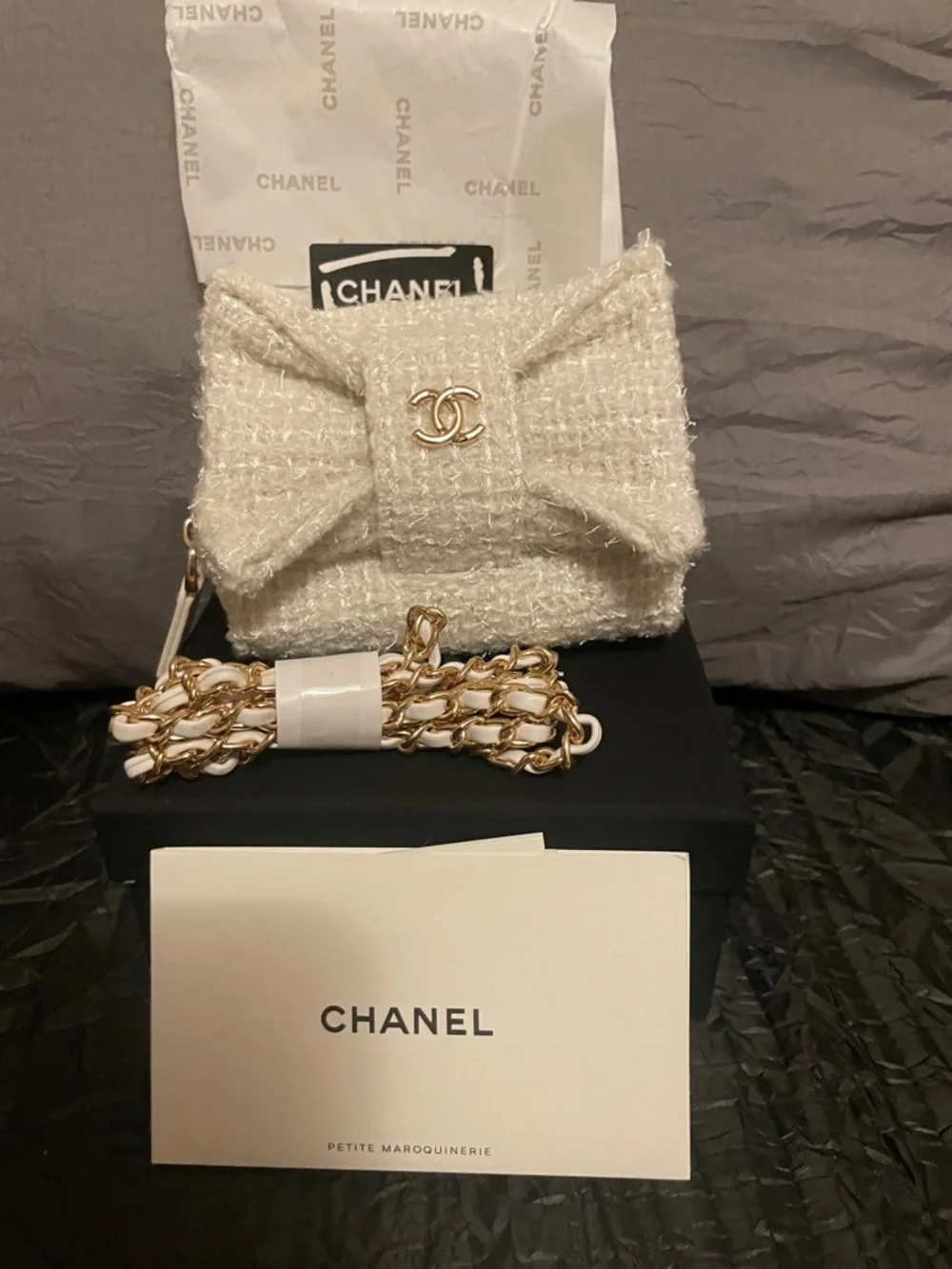 GWP Cream Tweed Mini Bow Crossbody with Gold Chain - Picture 3 of 17